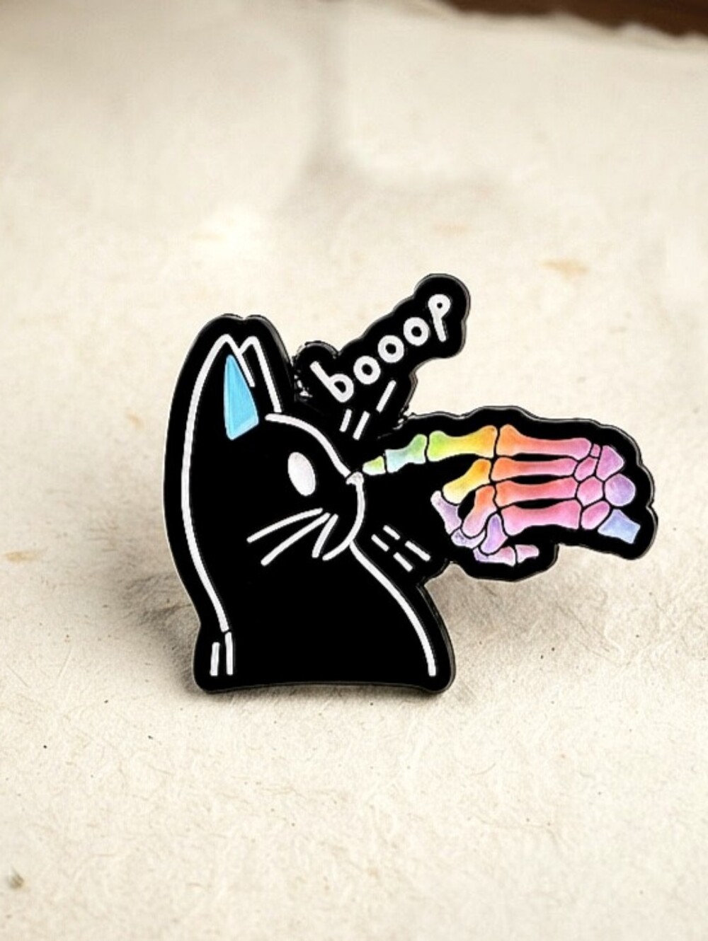 Rainbow Skeleton Hand Booping Black Cat Spooky Gothic Enamel Lapel Pin